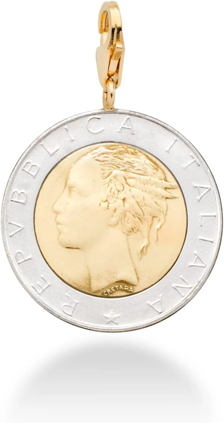 Miabella 18K Gold over Sterling Silver Genuine Italian 500-Lira Coin Medallion Charm Pendant for Bracelet -Necklace Women Men 925 Made in Italy