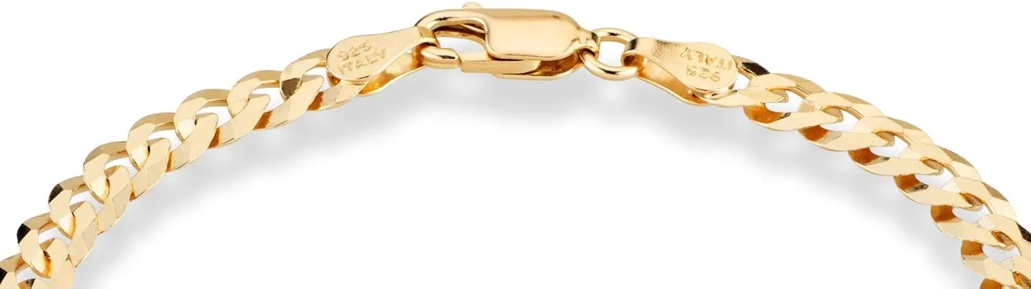 Miabella 18K Gold Over Sterling Silver Italian 5mm Solid Diamond-Cut Cuban Link Curb Chain Bracelet for Men Women, 925 Made in Italy