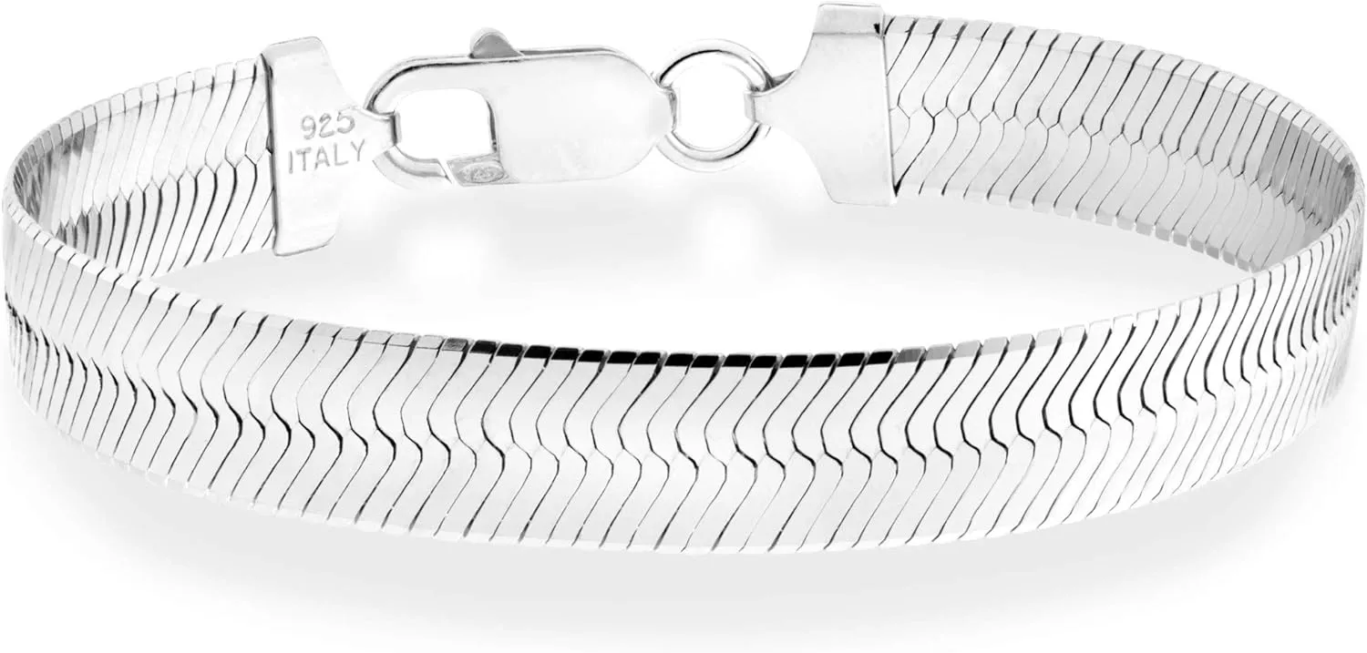 Miabella 925 Sterling Silver Italian Solid 10mm Flat Herringbone Link Chain Bracelet for Women Men, Made in Italy