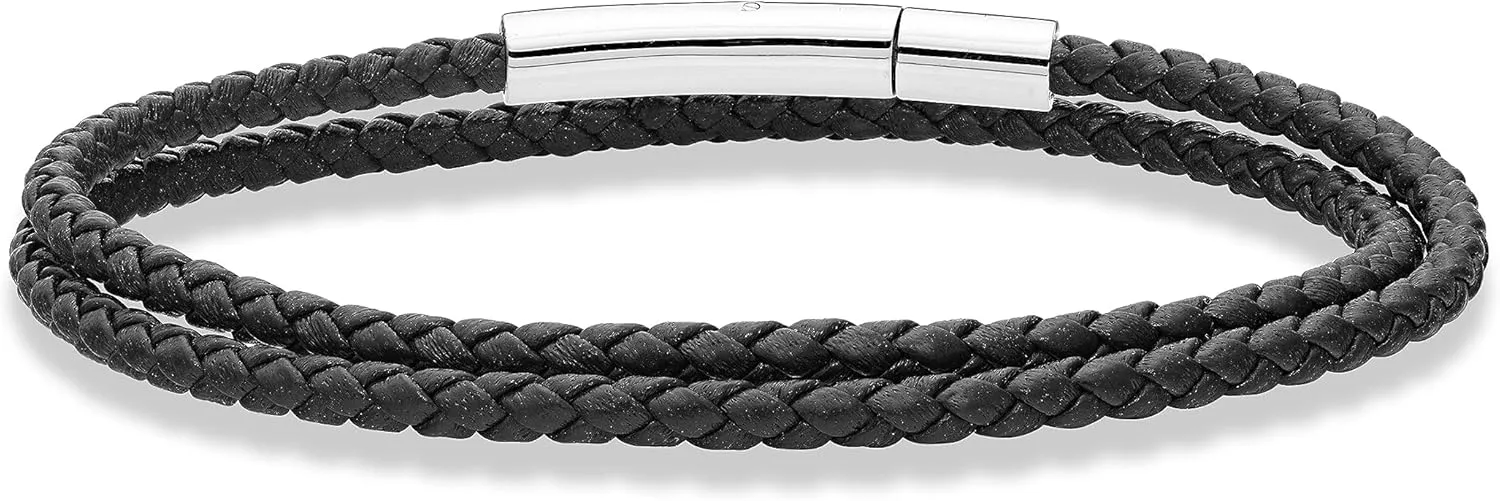 Miabella Genuine Italian Double Wrap Braided Leather Bracelet for Men Women, Stainless Steel Clasp, Made in Italy