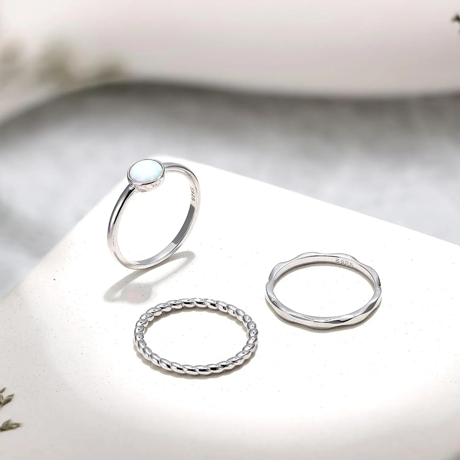 MILACOLATO 3Pcs 925 Sterling Silver Rings for Women Men 18K White Gold Plated Thumb Pinky Knuckle Stackable Rings High Polished Hammered Twisted Opal Band Rings Set Comfort Fit Size 5 to 9