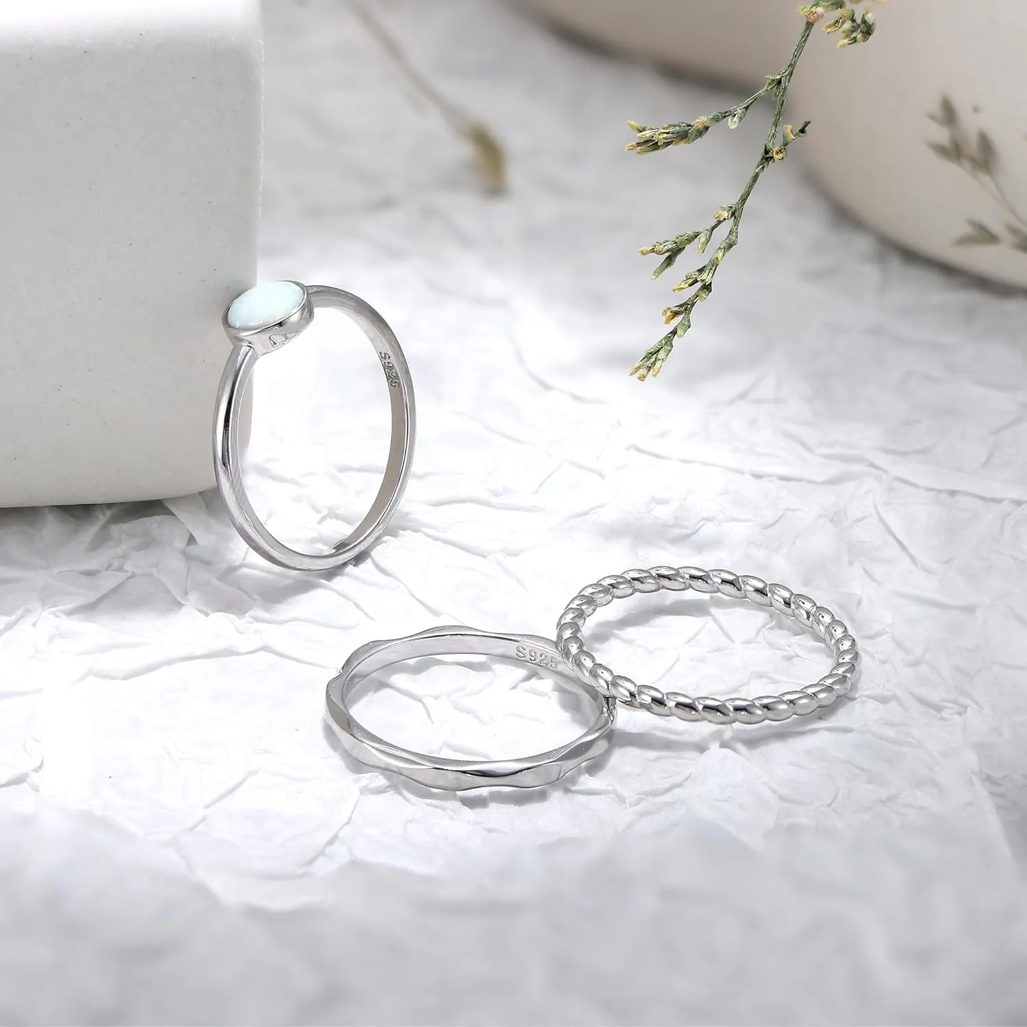 MILACOLATO 3Pcs 925 Sterling Silver Rings for Women Men 18K White Gold Plated Thumb Pinky Knuckle Stackable Rings High Polished Hammered Twisted Opal Band Rings Set Comfort Fit Size 5 to 9