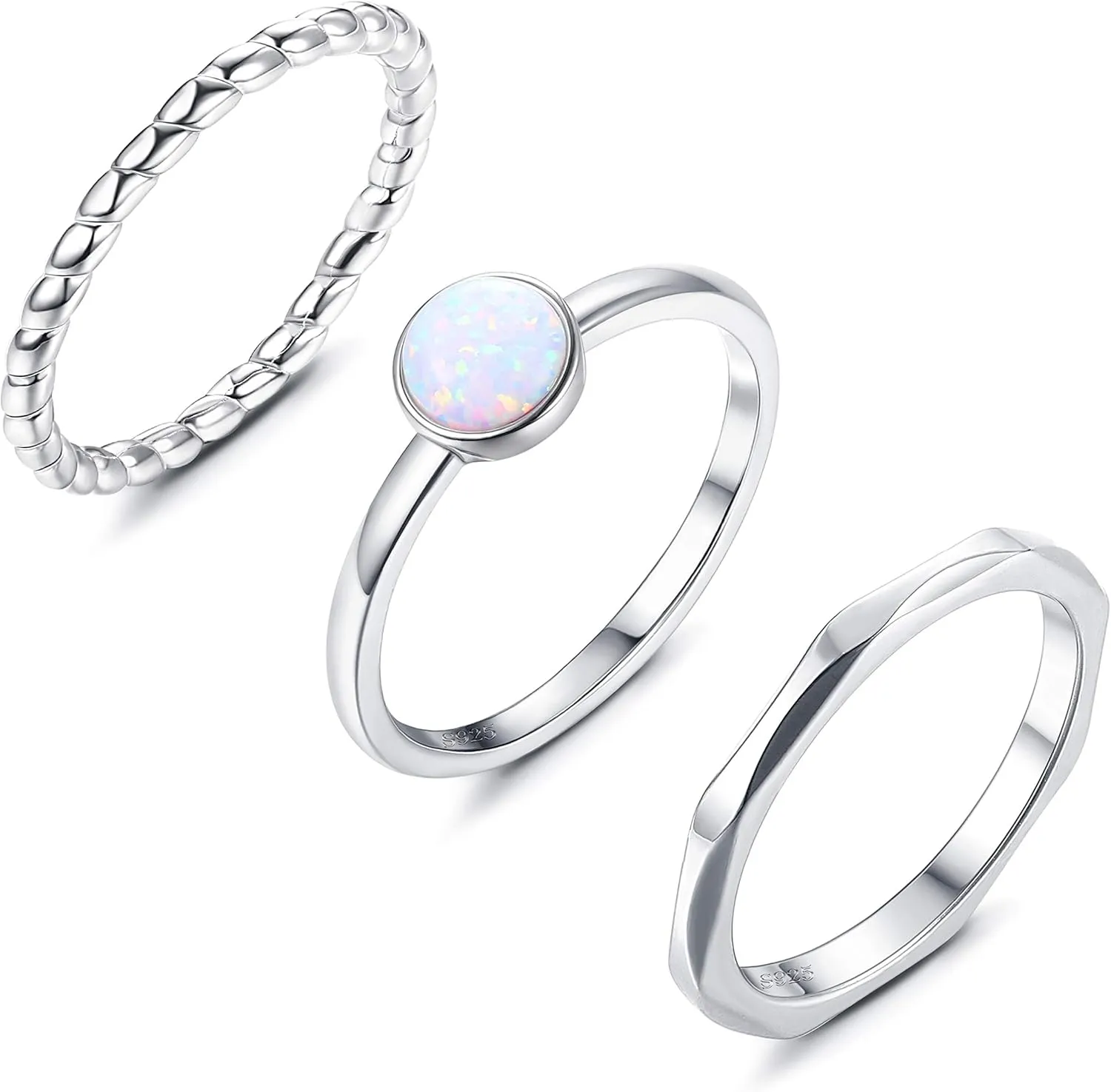 MILACOLATO 3Pcs 925 Sterling Silver Rings for Women Men 18K White Gold Plated Thumb Pinky Knuckle Stackable Rings High Polished Hammered Twisted Opal Band Rings Set Comfort Fit Size 5 to 9