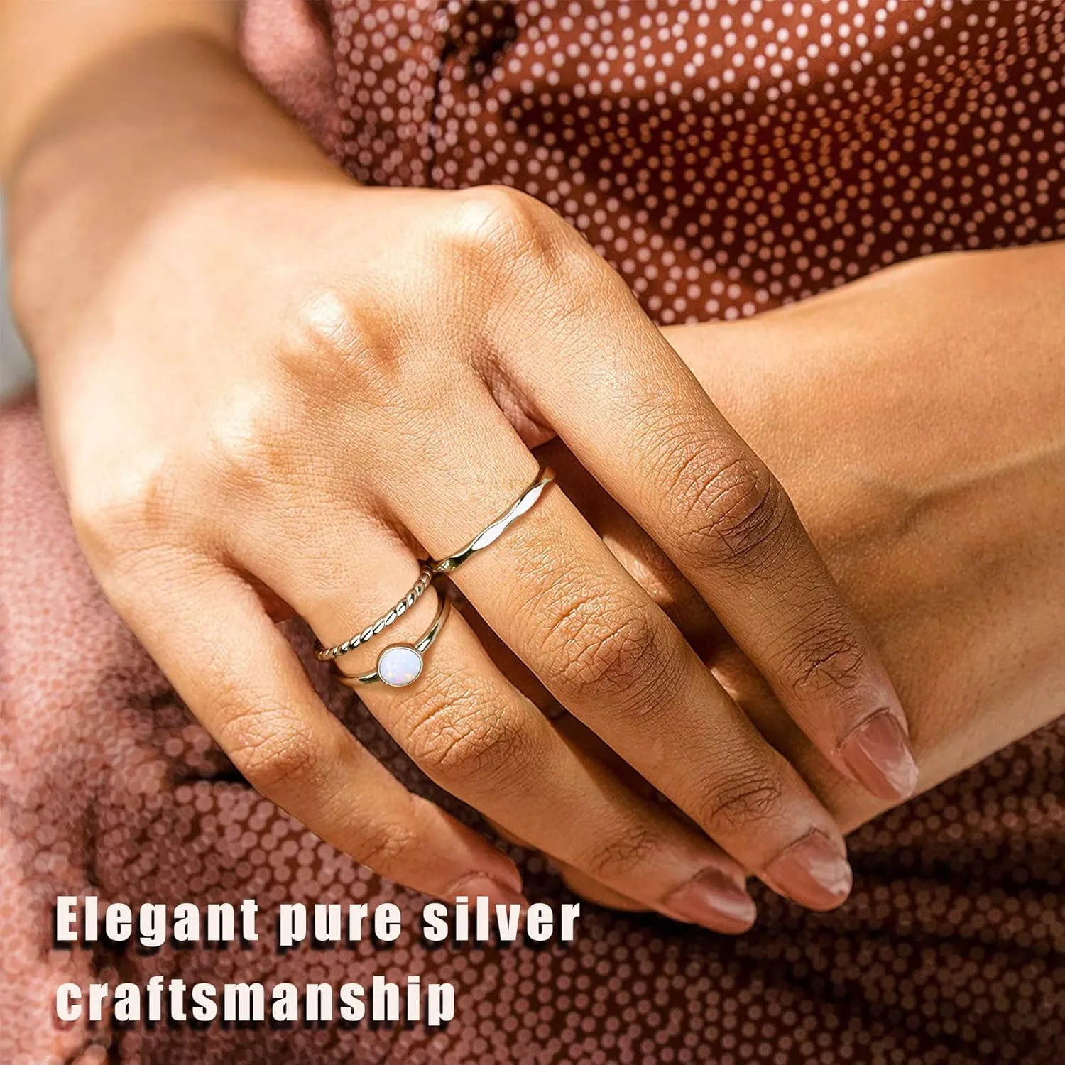 MILACOLATO 3Pcs 925 Sterling Silver Rings for Women Men 18K White Gold Plated Thumb Pinky Knuckle Stackable Rings High Polished Hammered Twisted Opal Band Rings Set Comfort Fit Size 5 to 9