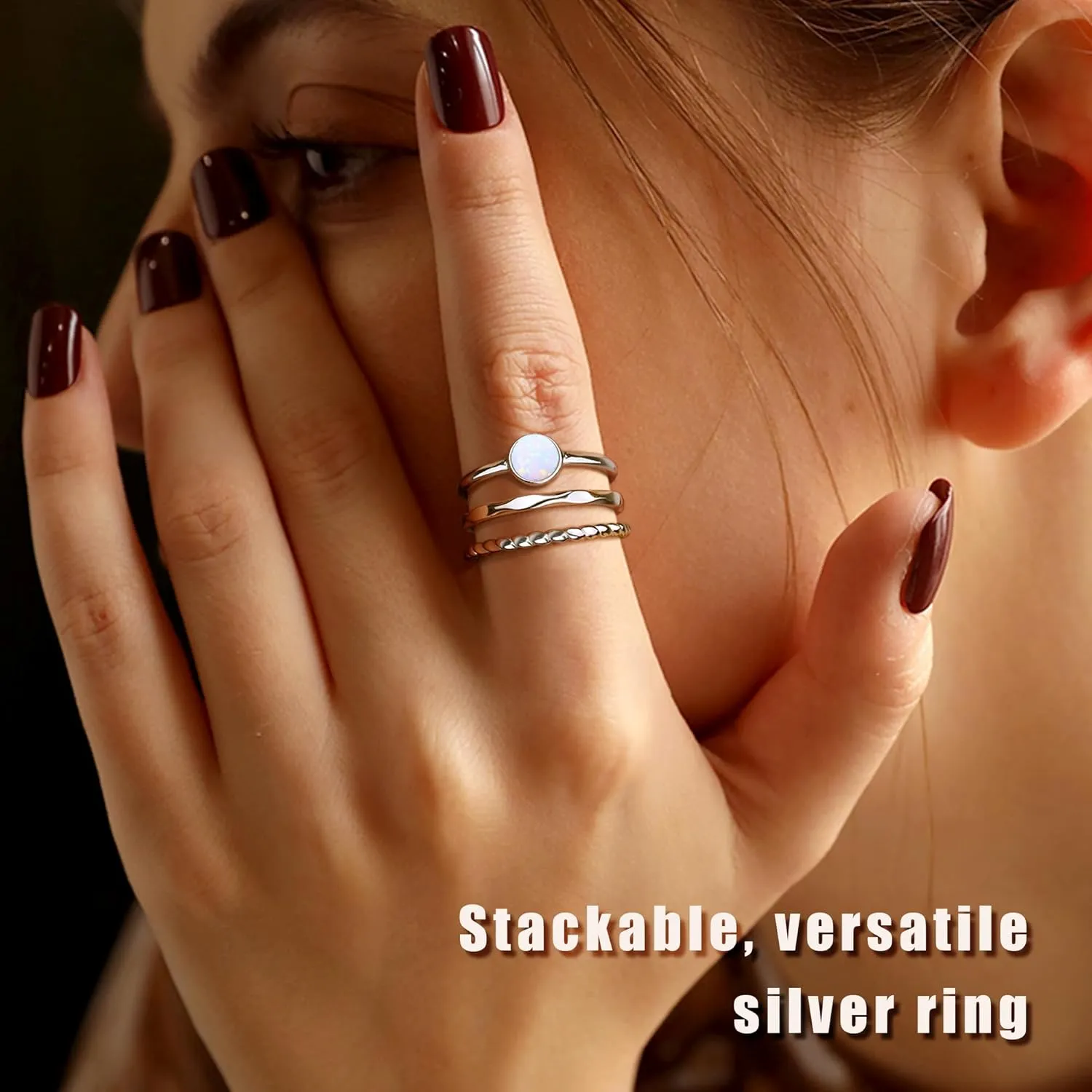 MILACOLATO 3Pcs 925 Sterling Silver Rings for Women Men 18K White Gold Plated Thumb Pinky Knuckle Stackable Rings High Polished Hammered Twisted Opal Band Rings Set Comfort Fit Size 5 to 9