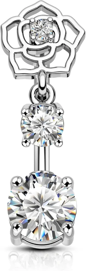 Minimalist Rose Flower Belly Button Rings Dangle 14G Belly Navel Rings for Women Stainless Steel Belly Navel Piercing Jewelry