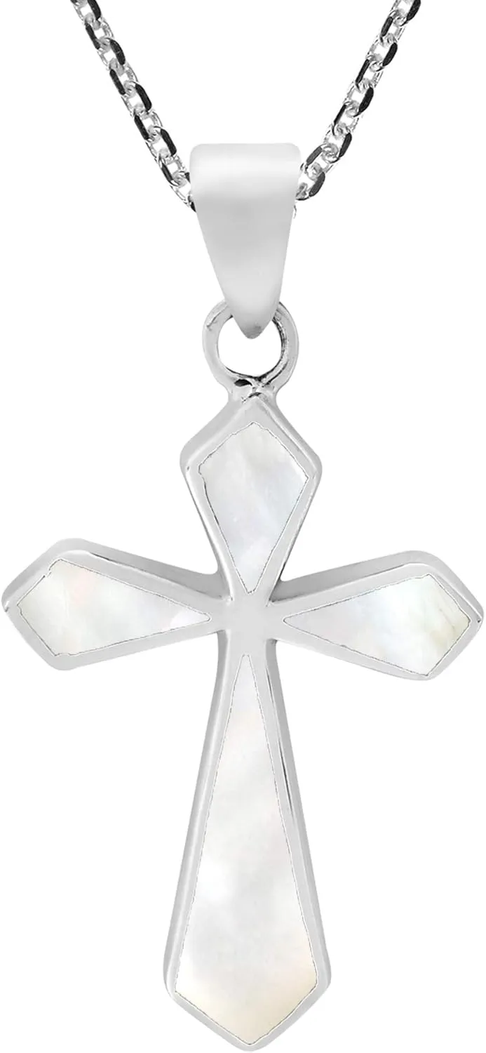 Modern Faith .925 Sterling Silver Cross with Mother of Pearl Inlays Necklace | Religious Jewelry for Women | Spiritual Fashion Accessories