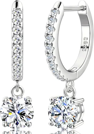 Moissanite Earrings, Sterling Silver Hoop Earring 1.0ct-2.0ct D Color Brilliant Hypoallergenic Earring for Women Men Drop Dangle Moissanite Leverback Mother's Day Gift