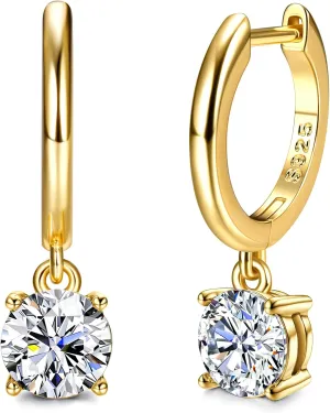 Moissanite Earrings,S925 Sterling Silver Moissanite Hoop 1.0ct-2.0ct D Color Brilliant Earring For Women Drop Dangle Earring(2.0 carats(1.0ct*2)-Gold)