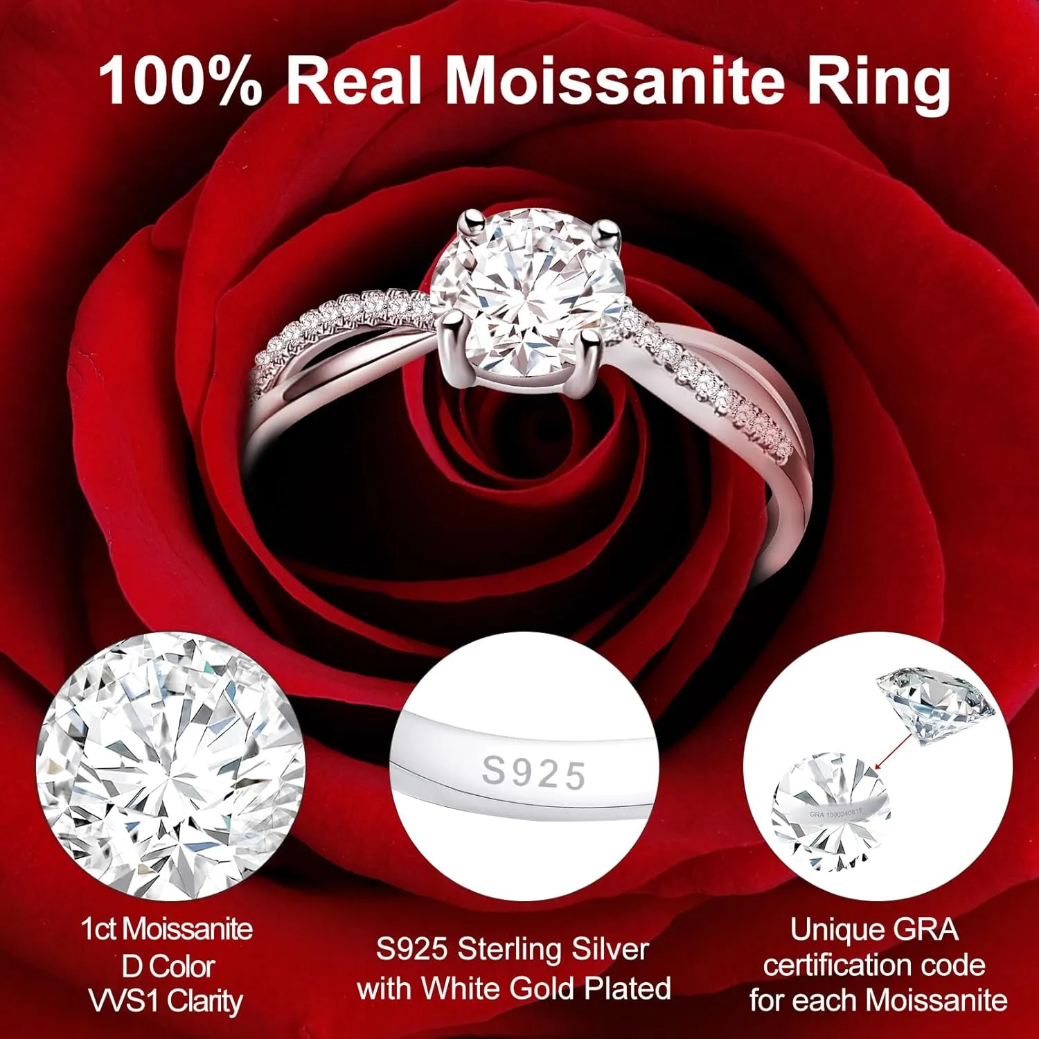Moissanite Engagement Promise Rings for Women 1CT Women's Wedding Rings Promise Ring for Her, D Color VVS1 Clarity 925 Sterling Silver Band with 18K Gold Plated, with Ring Box & Card