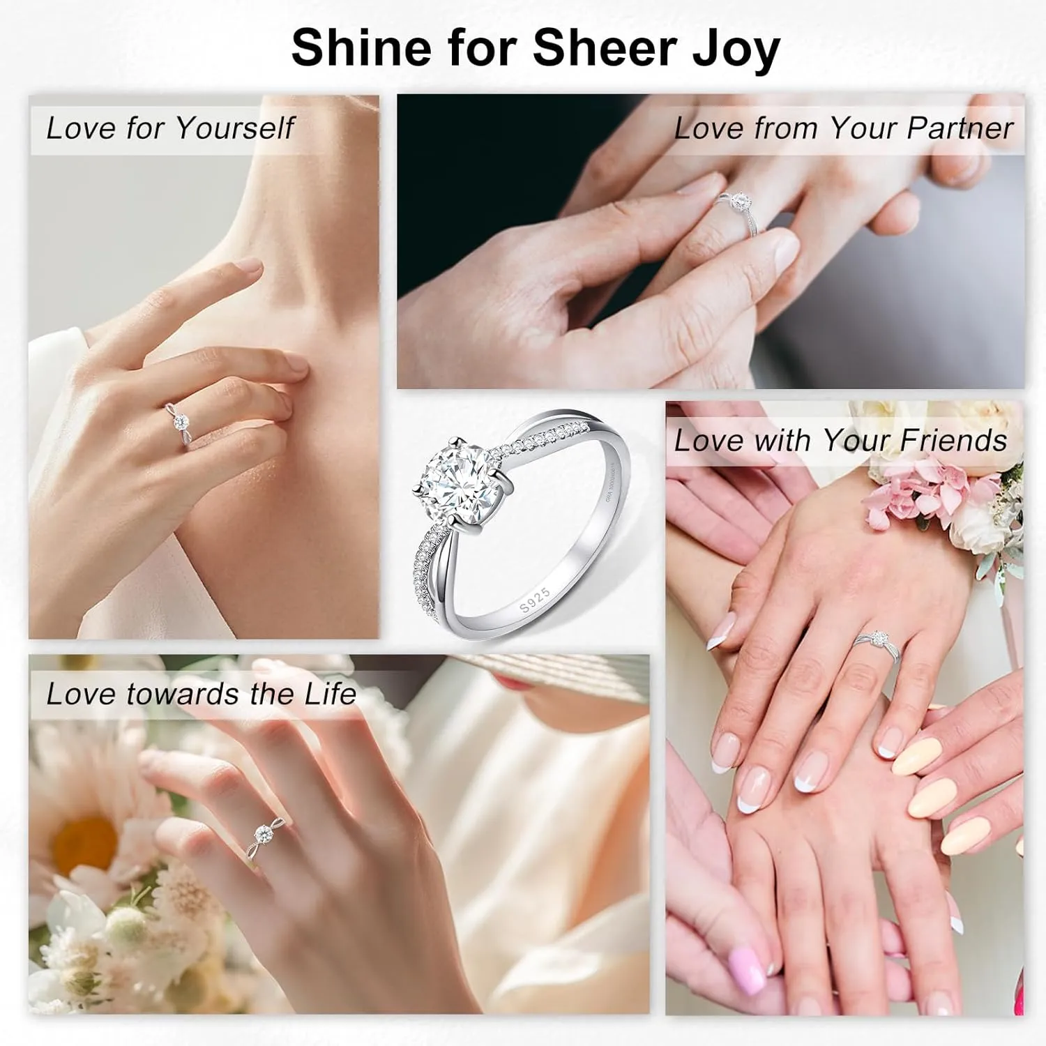 Moissanite Engagement Promise Rings for Women 1CT Women's Wedding Rings Promise Ring for Her, D Color VVS1 Clarity 925 Sterling Silver Band with 18K Gold Plated, with Ring Box & Card