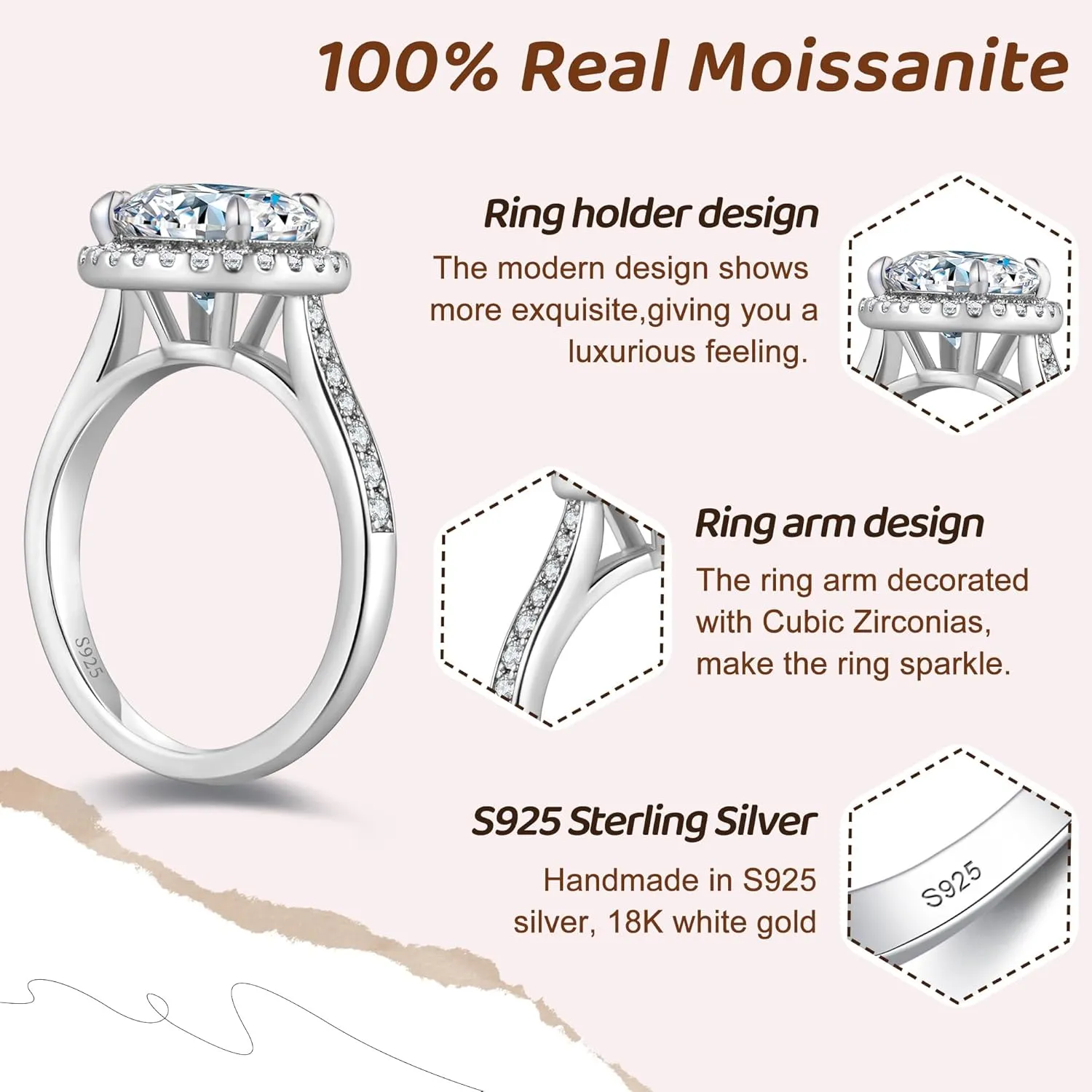 Moissanite Engagement Rings for Women 925 Sterling Silver with 18K Gold Plated Round Sparkle Rings for her D Color VVS1 Clarity Wedding Band Moissanite Ring 1.5/2/3/4CT