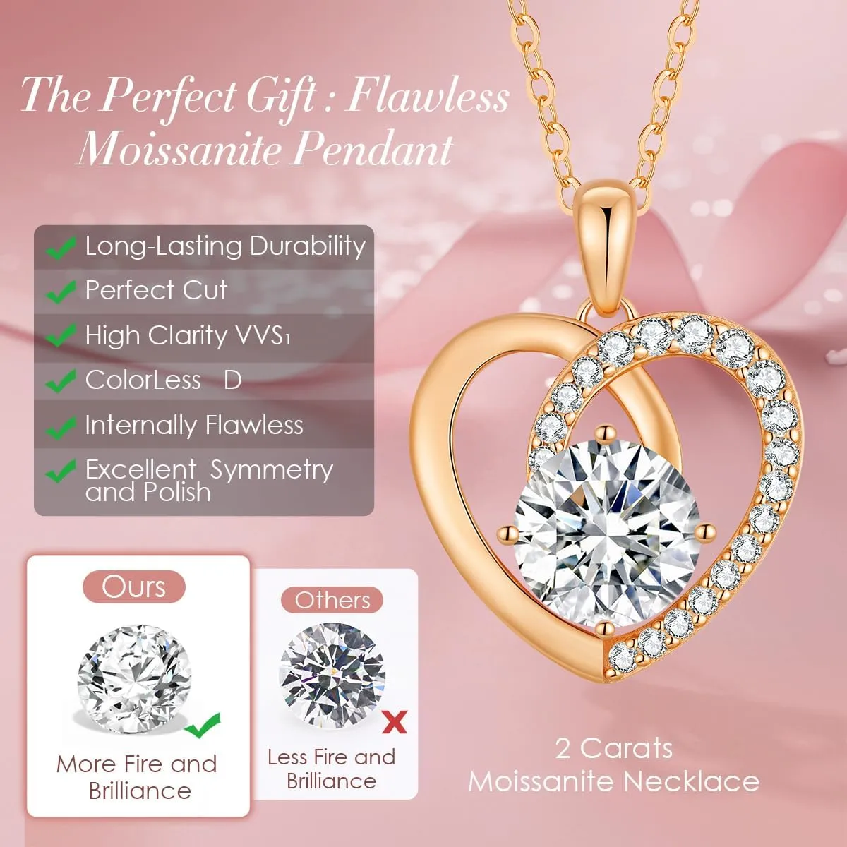 Moissanite Heart Pendant Necklaces,925 Sterling Silver Gold Plating,Anniversary,Birthday Fine Jewelry Gifts for Wife Her Mom Girlfriend