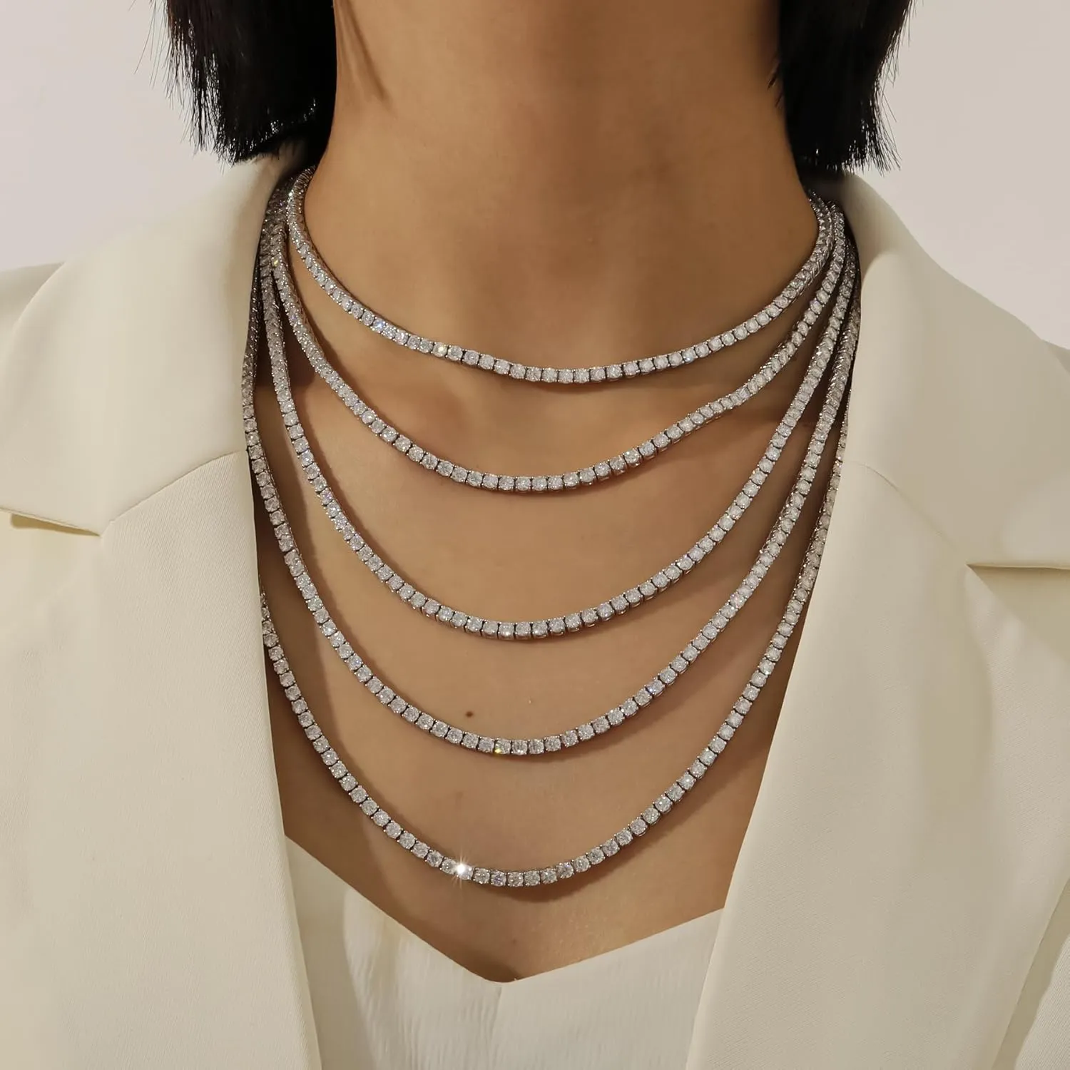 Moissanite Tennis Necklace 3mm-6.5mm (0.1-0.5CT) D/VVS1 Round Cut, 14K White Gold Plated 925 Silver, Hypoallergenic Jewelry Gift for Women Men with GRA Certificate.