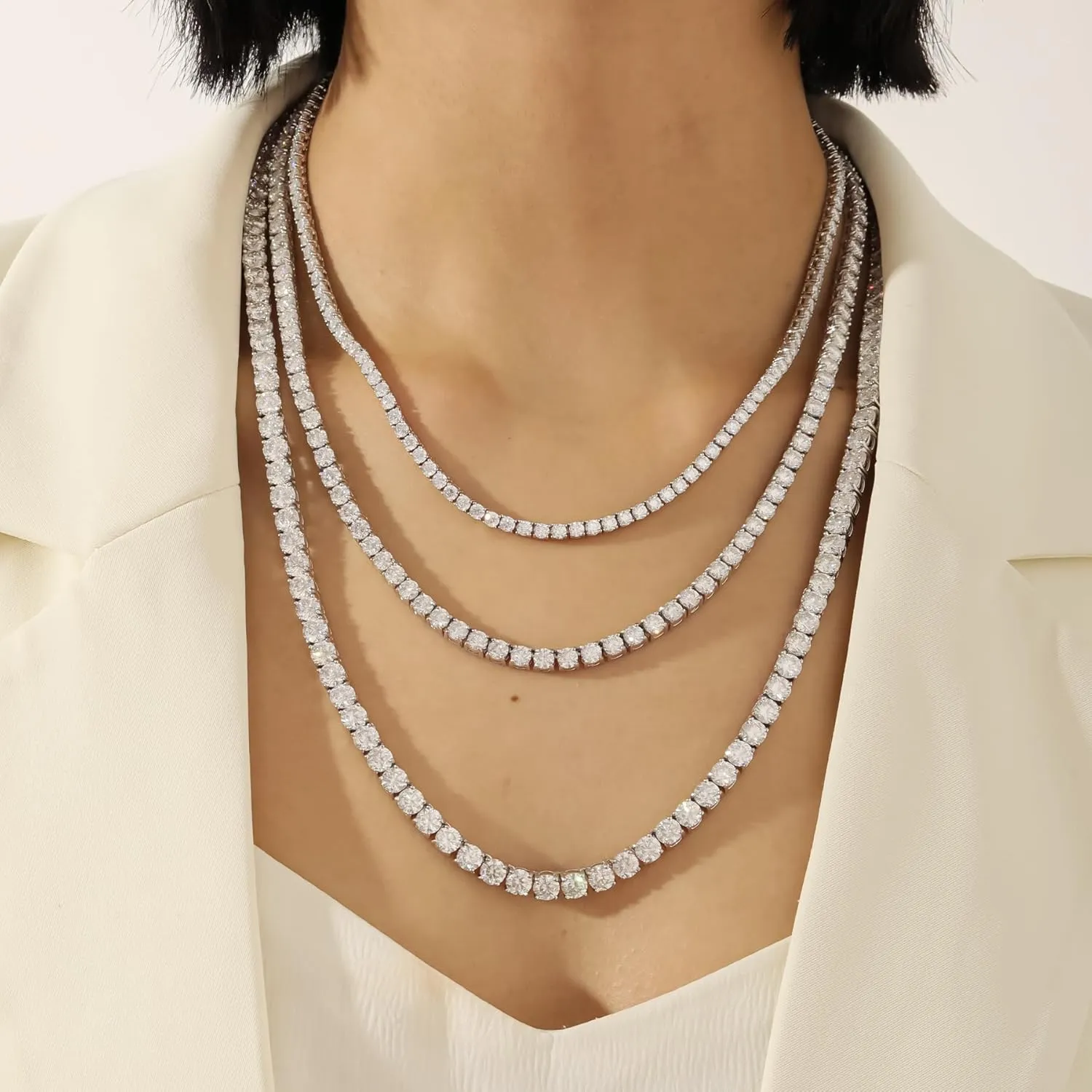 Moissanite Tennis Necklace 3mm-6.5mm (0.1-0.5CT) D/VVS1 Round Cut, 14K White Gold Plated 925 Silver, Hypoallergenic Jewelry Gift for Women Men with GRA Certificate.