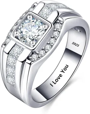 Moissanite Wedding Rings for Men Engagement Band Engraved I Love You/Yes I Do 925 Sterling Silver Cubic Zirconia Promise Ring Round Cut 0.8CT D Color Anniversary Presents Size 8-12