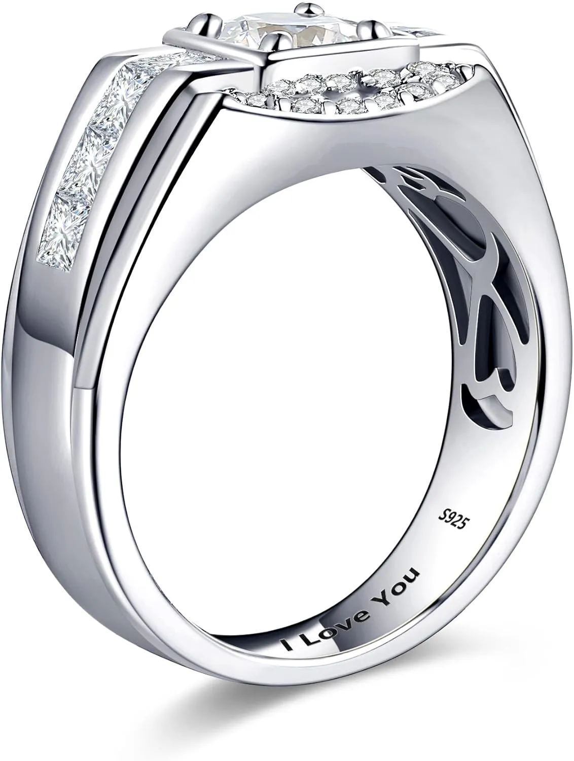 Moissanite Wedding Rings for Men Engagement Band Engraved I Love You/Yes I Do 925 Sterling Silver Cubic Zirconia Promise Ring Round Cut 0.8CT D Color Anniversary Presents Size 8-12