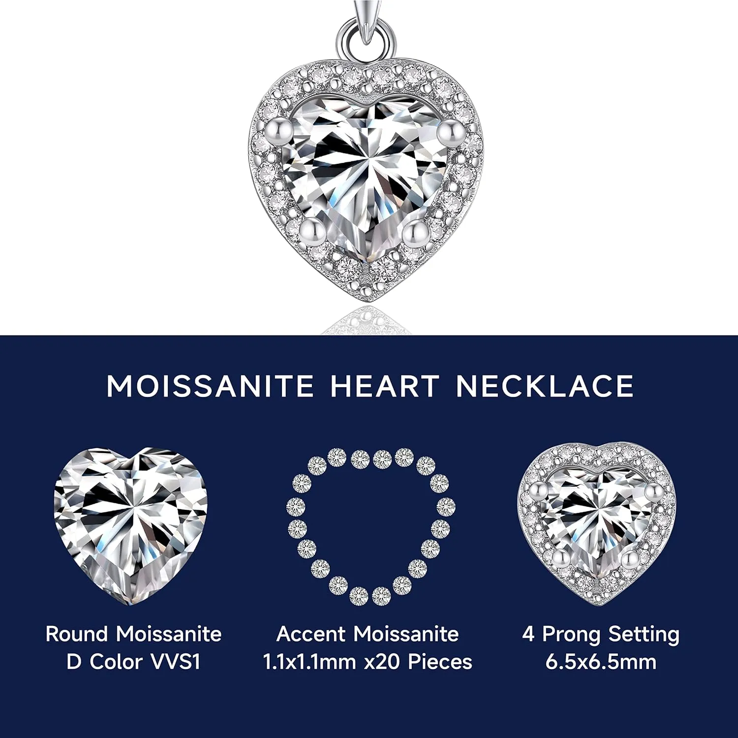 MomentWish Heart Necklace for Women, 1 Carat Simulated Moissanite Necklace for Her 925 Sterling Silver Halo Pendant Anniversary Valentine's Day Birthday Gifts for Mom Wife Girlfriend-Heart