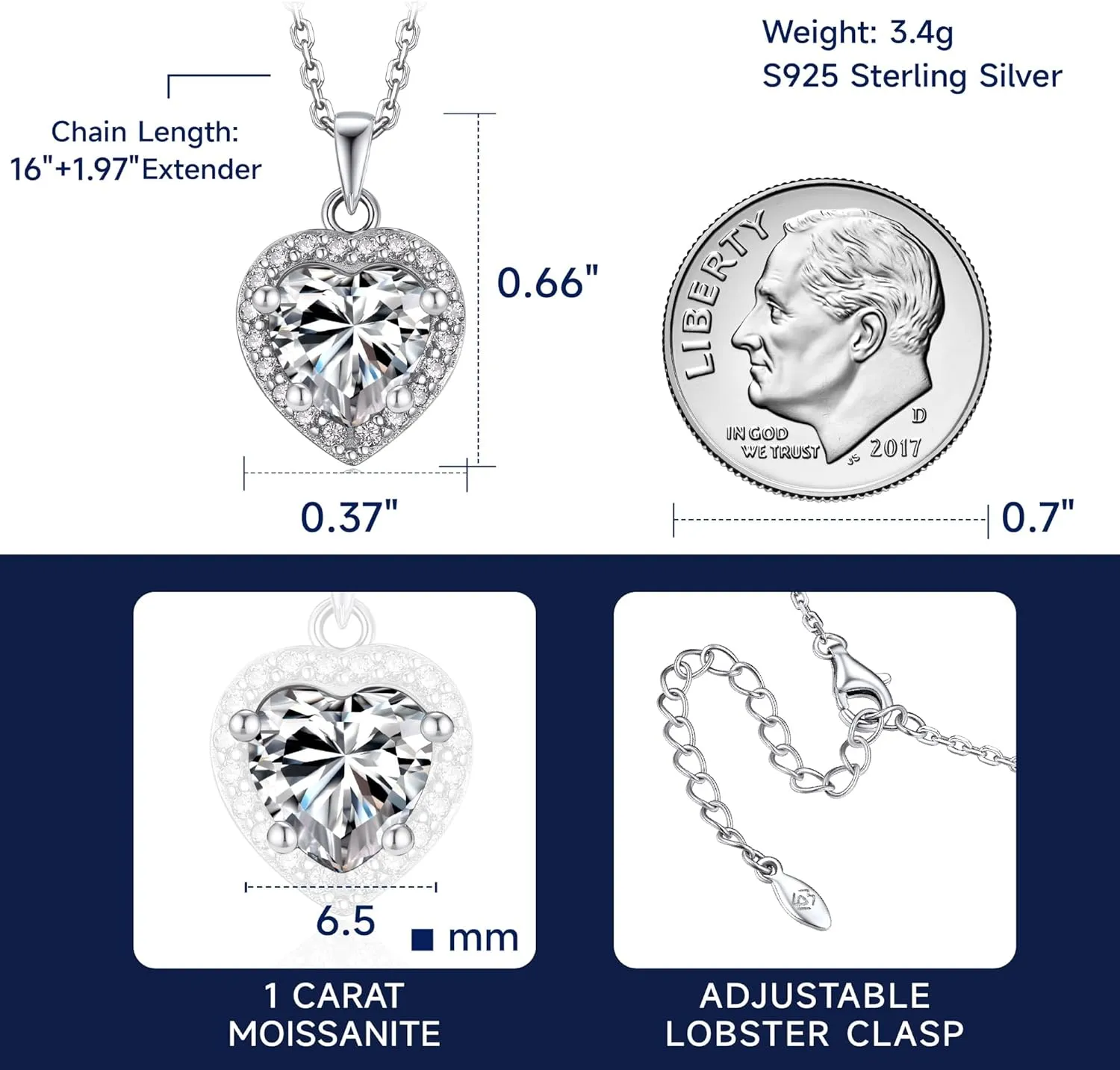 MomentWish Heart Necklace for Women, 1 Carat Simulated Moissanite Necklace for Her 925 Sterling Silver Halo Pendant Anniversary Valentine's Day Birthday Gifts for Mom Wife Girlfriend-Heart