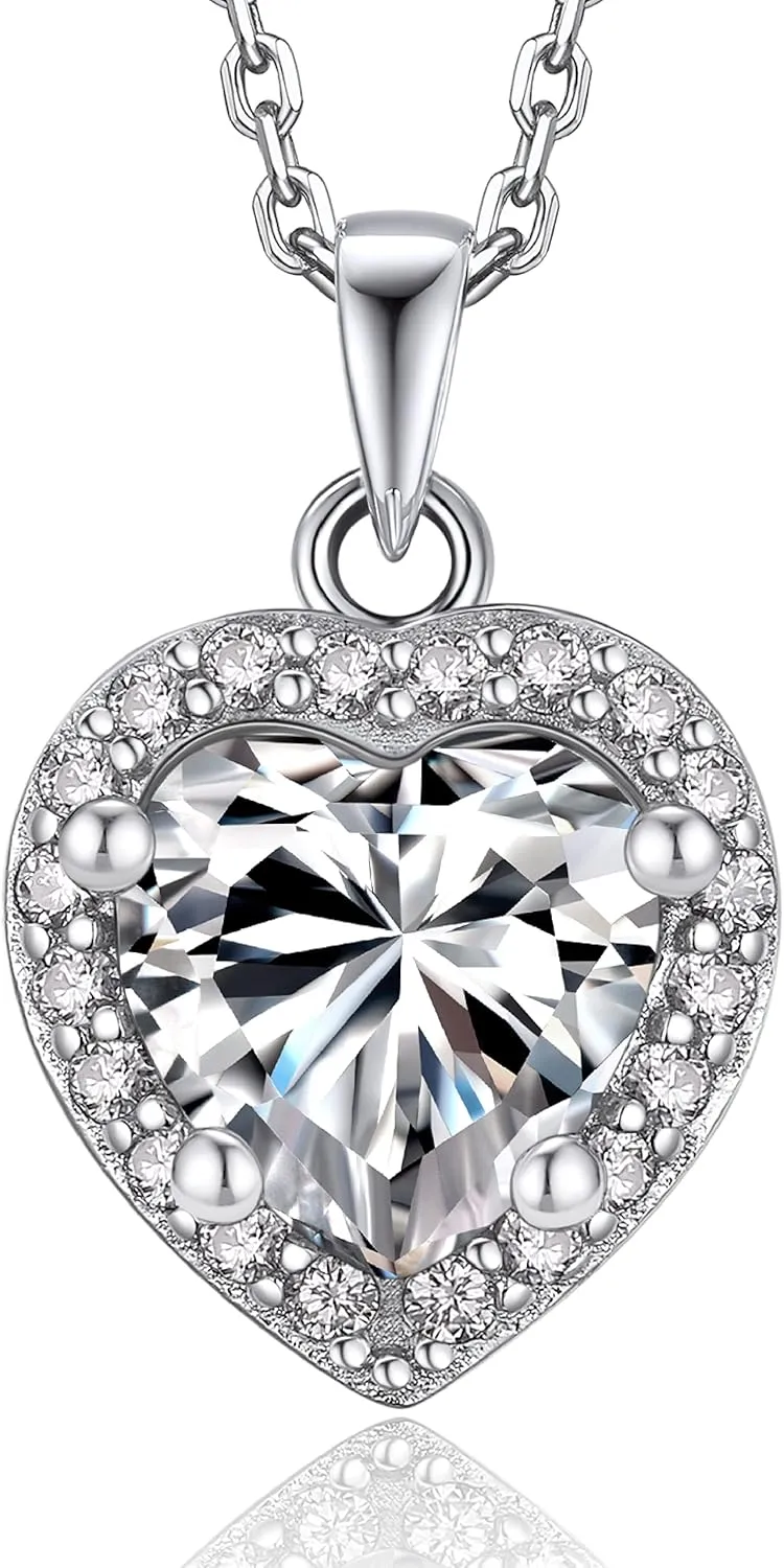 MomentWish Heart Necklace for Women, 1 Carat Simulated Moissanite Necklace for Her 925 Sterling Silver Halo Pendant Anniversary Valentine's Day Birthday Gifts for Mom Wife Girlfriend-Heart