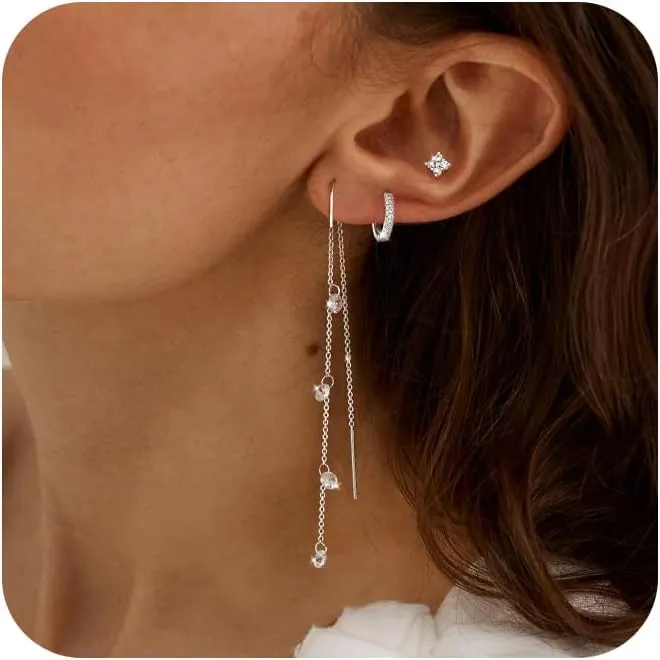 Moodear Dangle Earrings for Women - Dainty 14K Gold/Silver Plated Stack Long Drop Chain Earring Hypoallergenic Cubic Zirconia Hoop Stud Earrings Non Tarnish Trendy Jewelry Set