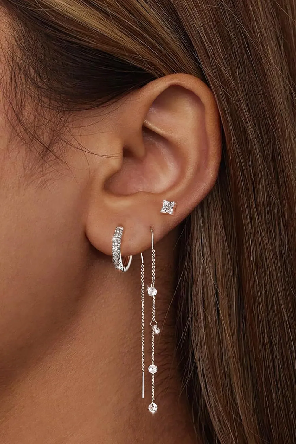 Moodear Dangle Earrings for Women - Dainty 14K Gold/Silver Plated Stack Long Drop Chain Earring Hypoallergenic Cubic Zirconia Hoop Stud Earrings Non Tarnish Trendy Jewelry Set