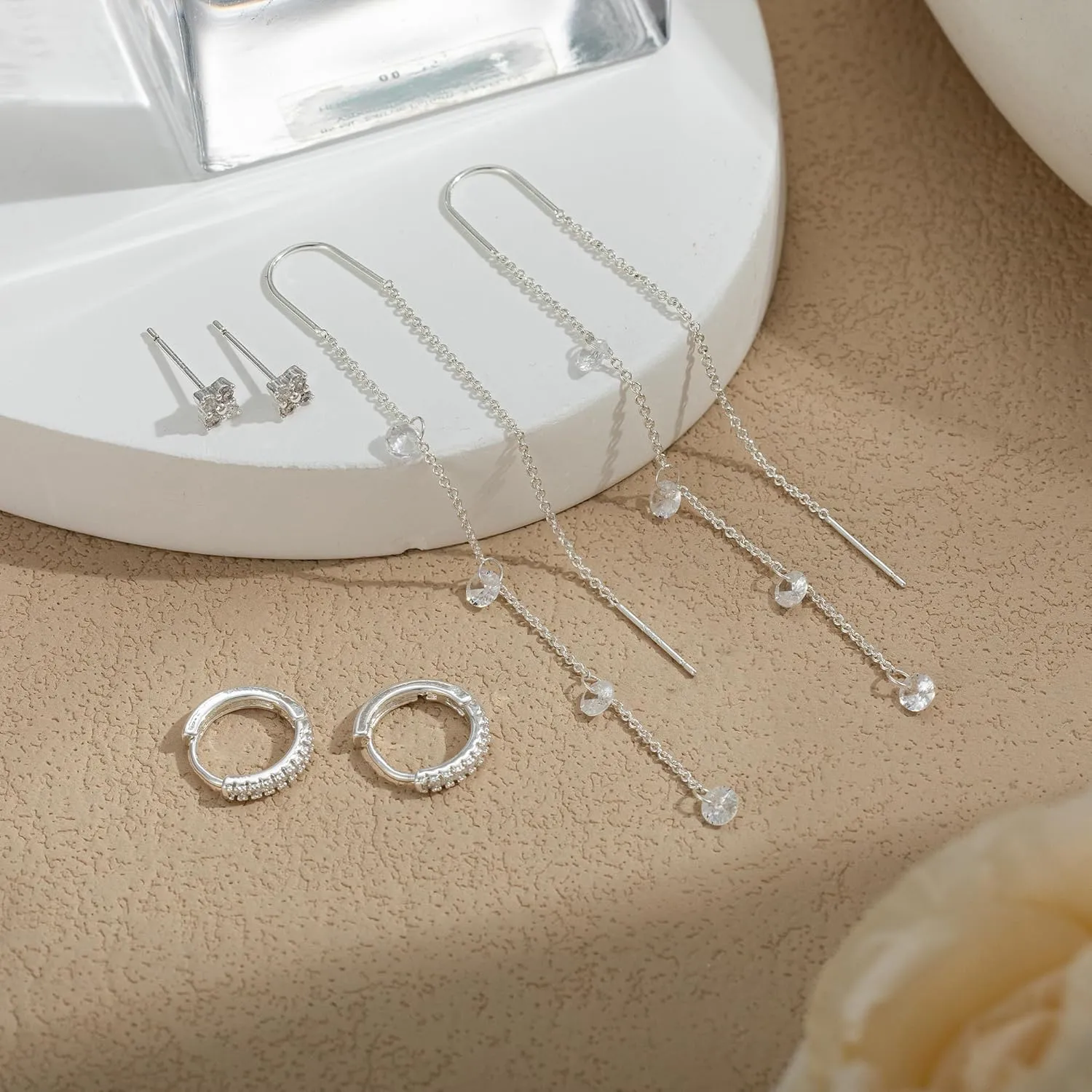 Moodear Dangle Earrings for Women - Dainty 14K Gold/Silver Plated Stack Long Drop Chain Earring Hypoallergenic Cubic Zirconia Hoop Stud Earrings Non Tarnish Trendy Jewelry Set