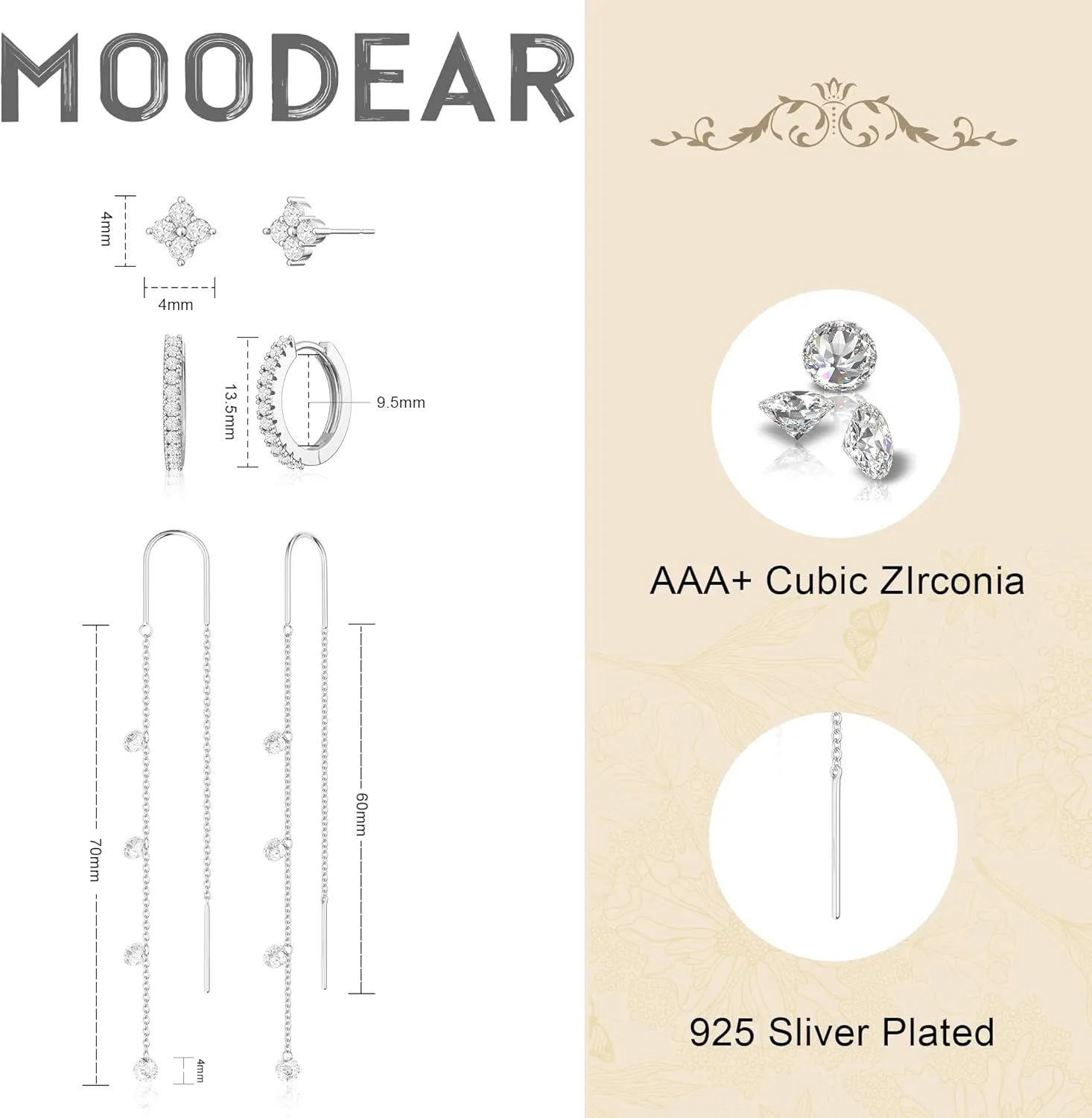 Moodear Dangle Earrings for Women - Dainty 14K Gold/Silver Plated Stack Long Drop Chain Earring Hypoallergenic Cubic Zirconia Hoop Stud Earrings Non Tarnish Trendy Jewelry Set