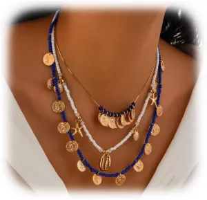 Multi-layered Beaded Choker Necklace Gold Coin Pendant Tassel Necklace Vintage Conch Starfish Clavicle Chain Necklace Layered Bead Necklace for Women