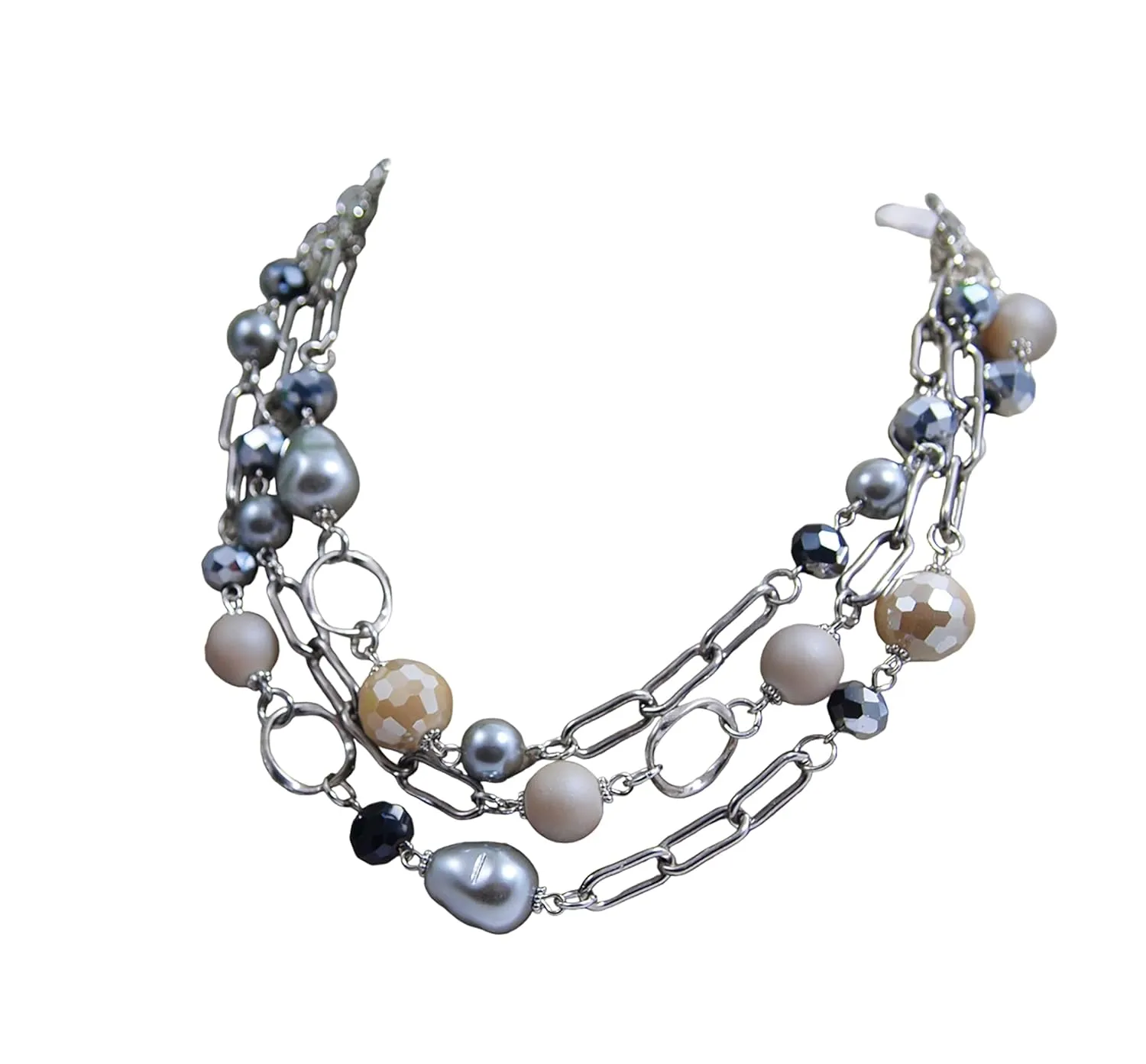 Multi Strand layered Frosted Multi Layer Mother of Pearl Statement Chunky Pastel Pearl Necklace June Birthday Gift (silver-and-stainless-steel)