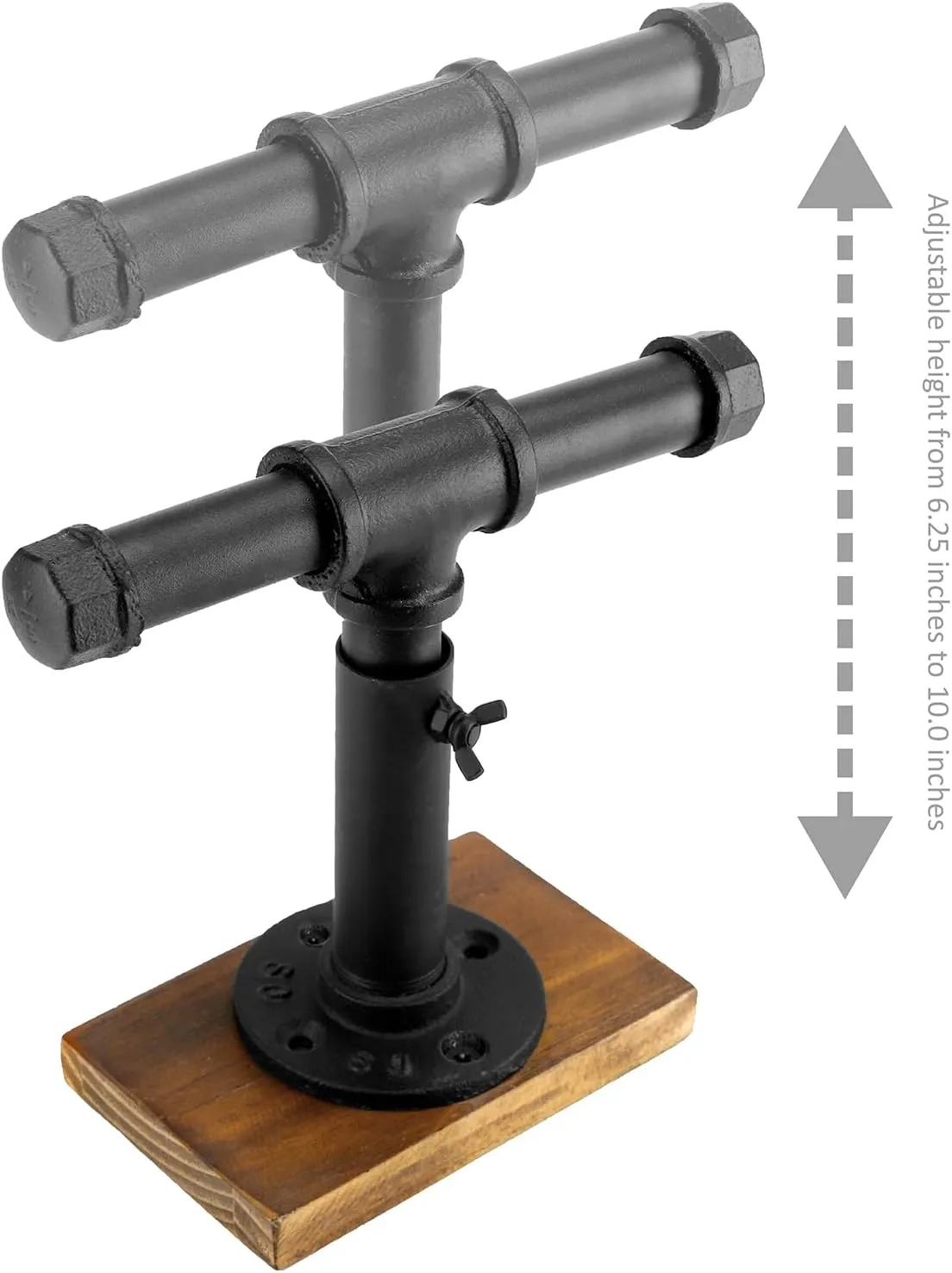 MyGift Industrial Pipe Black Metal T-Bar Jewelry Bracelet & Necklace Adjustable Height Display Stand with Brown Wood Base