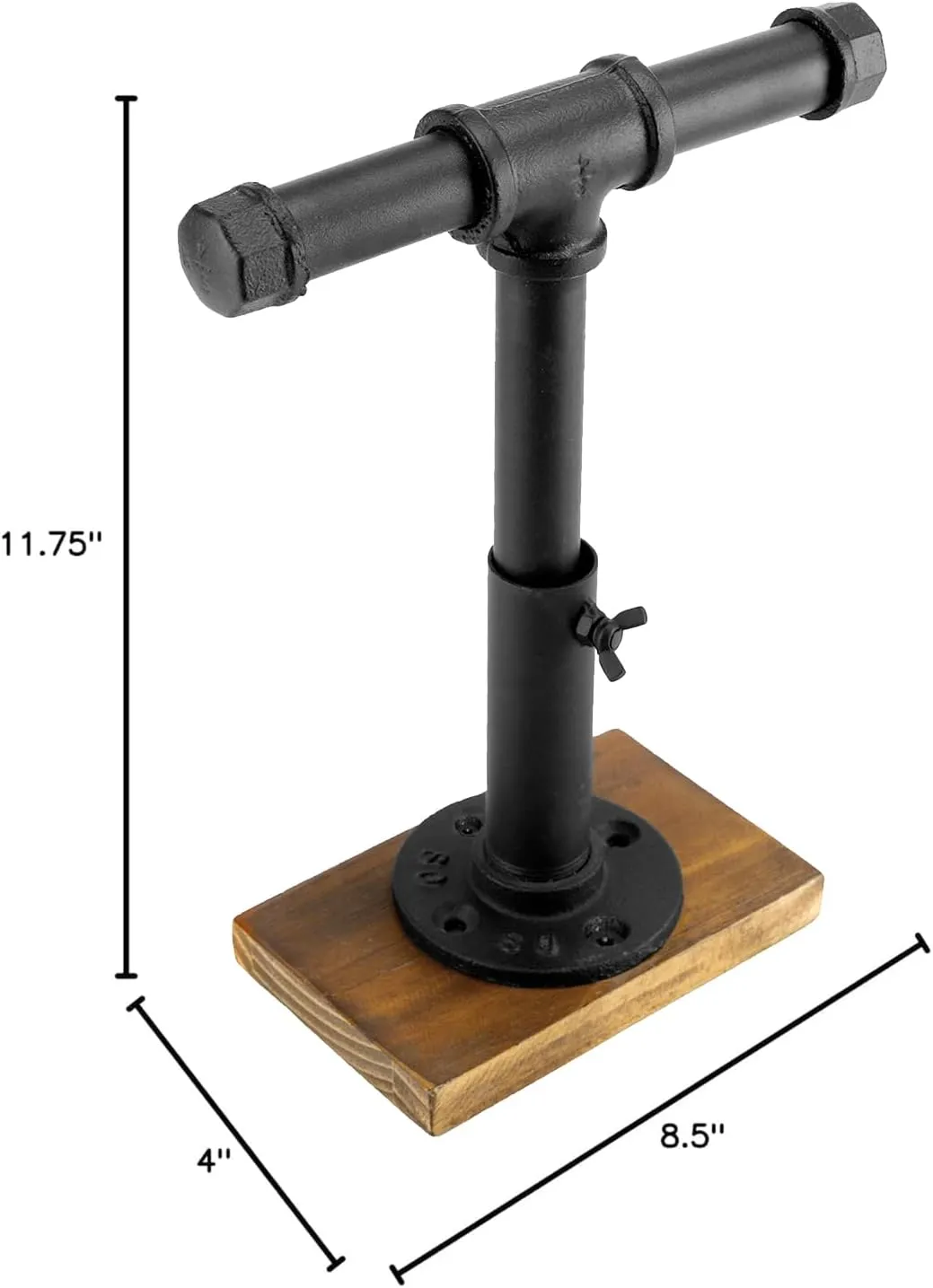 MyGift Industrial Pipe Black Metal T-Bar Jewelry Bracelet & Necklace Adjustable Height Display Stand with Brown Wood Base