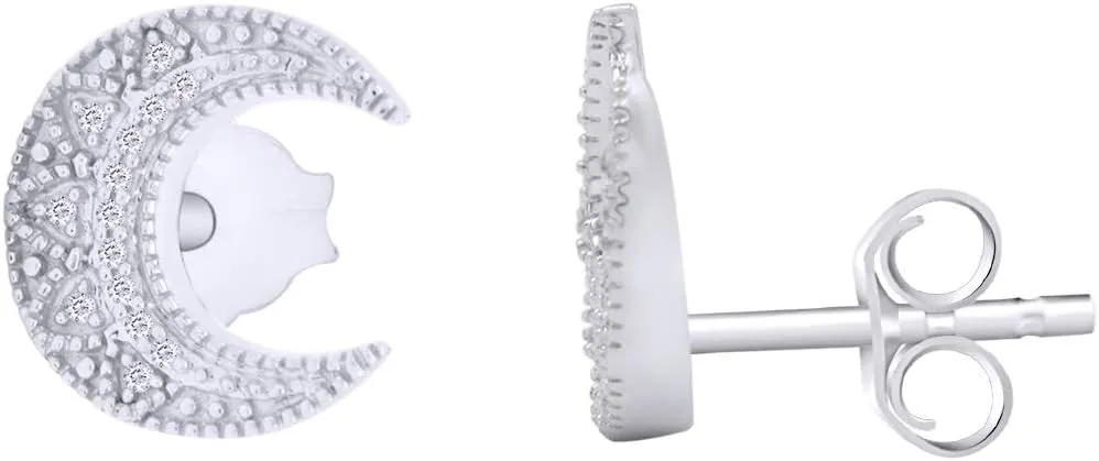 Natural Diamond Accent Crescent Moon Stud Earrings in 14K Gold Plated 925 Sterling Silver for Women (0.08 cttw, I-J Color, I2-I3 Clarity)
