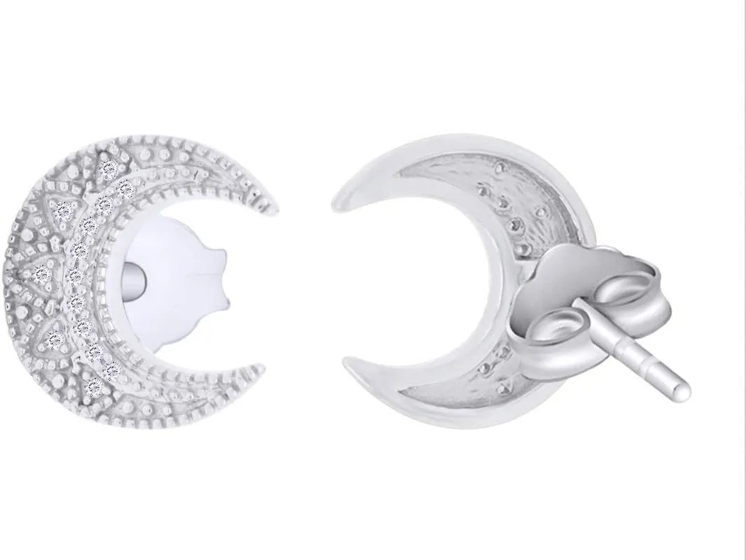 Natural Diamond Accent Crescent Moon Stud Earrings in 14K Gold Plated 925 Sterling Silver for Women (0.08 cttw, I-J Color, I2-I3 Clarity)