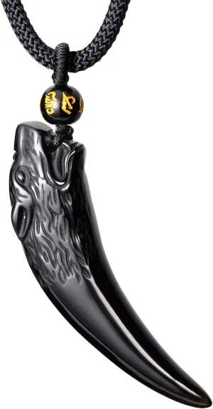 Natural Obsidian Wolf Tooth Necklace Pendant for Men Women Amulet Unisex Couples Gifts Adjustable Size 27inch