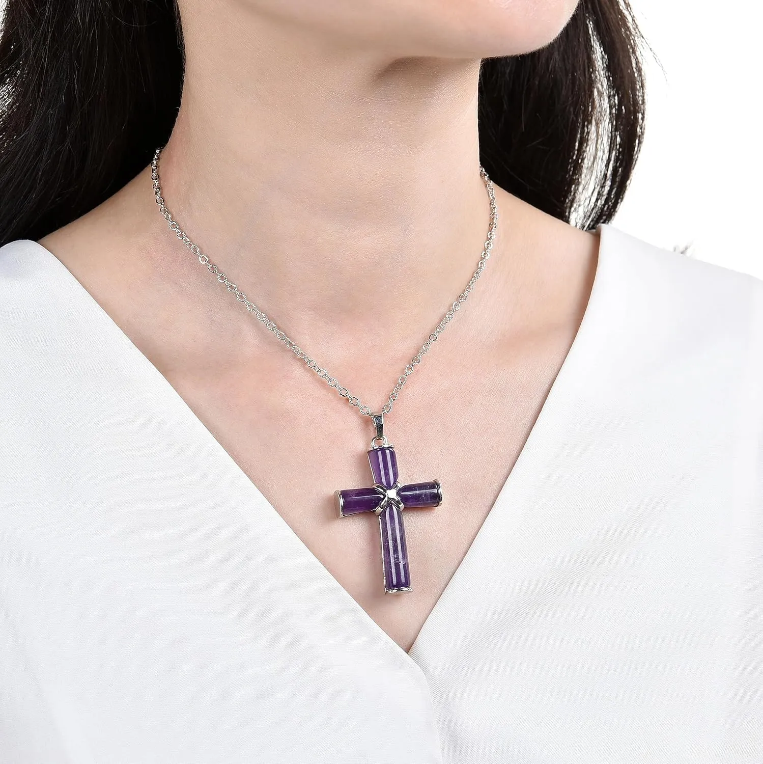Natural Stone Cross Gemstone Pendants Charms Cross Quartz Healing Charms With 18 inch Chain Jewelry Necklace
