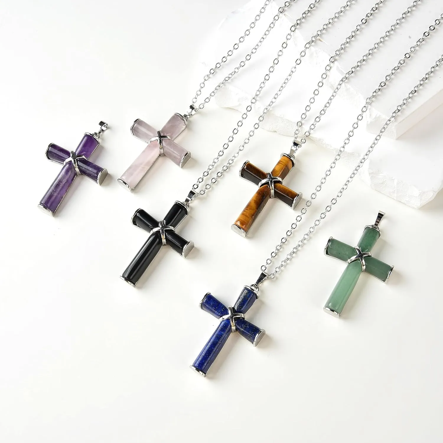 Natural Stone Cross Gemstone Pendants Charms Cross Quartz Healing Charms With 18 inch Chain Jewelry Necklace