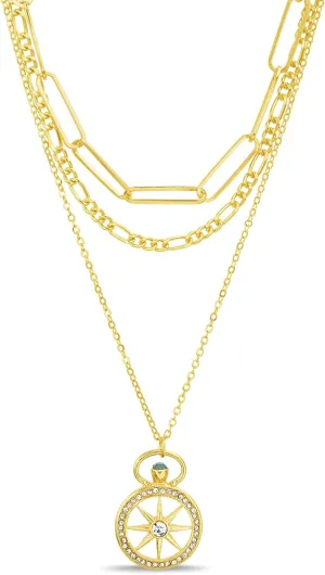 Nautica 14K Gold Plated Brass Necklace - Three Row Layered Pendant Chain Necklace for Women, Compass