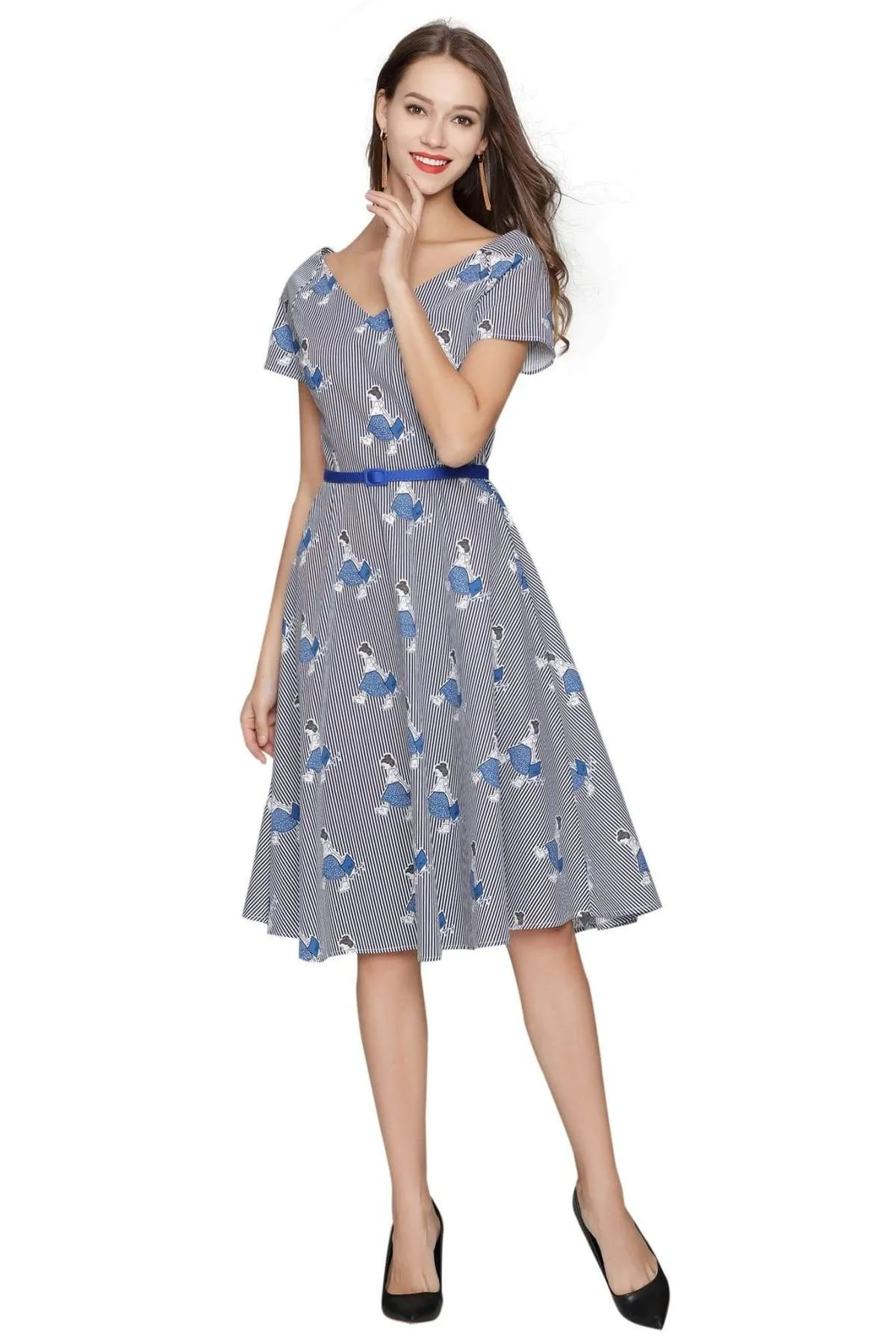 Navy Striped Dancing Girl V Neck Vintage Dress