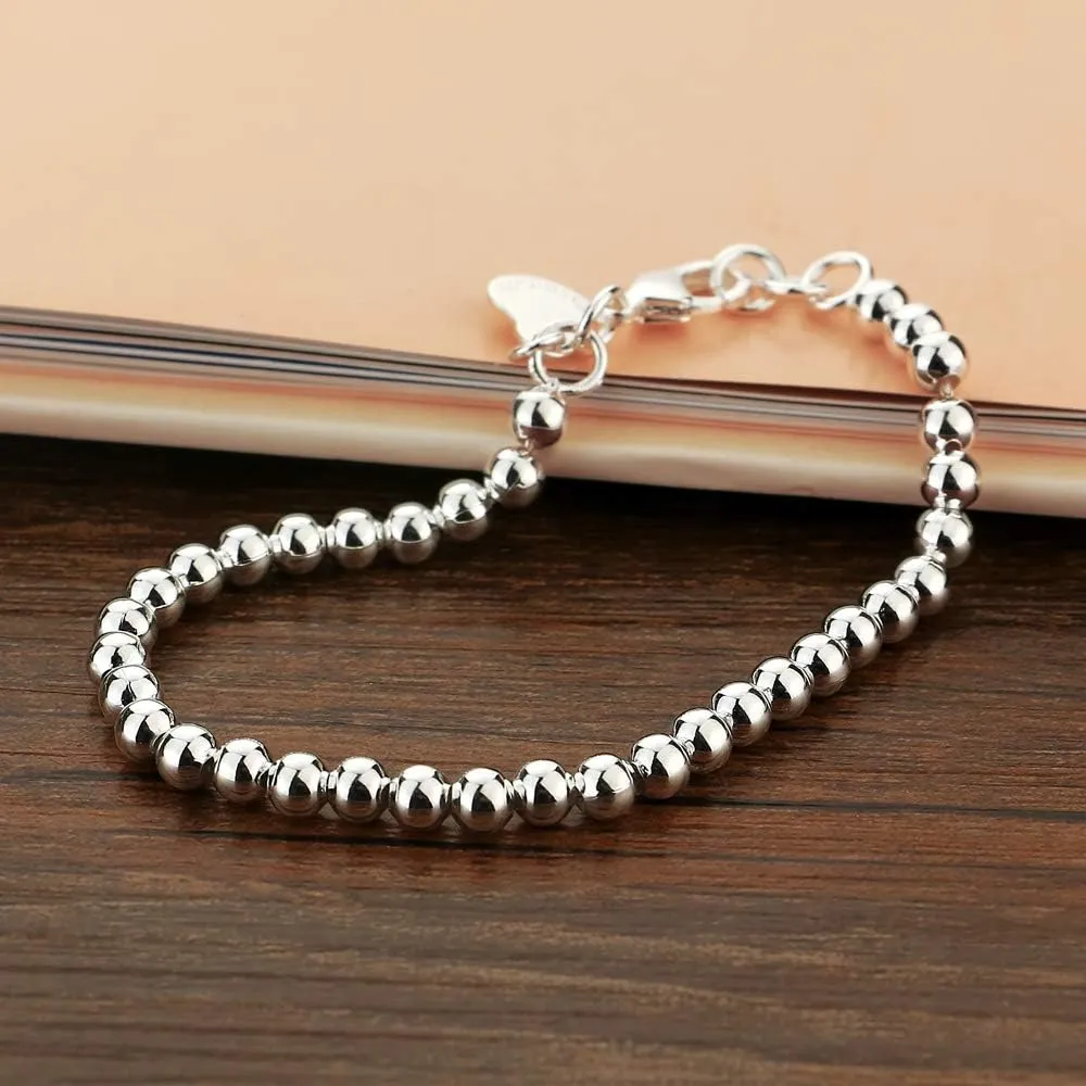 New Women's 925 Sterling Silver Bracelet Minimalist 4-6MM Round Bead Chain Solid Silver Bracelet Charm Jewelry Lobster Claw Clasp