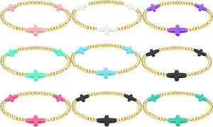 NEWITIN 9 Pieces Cross Bracelets for Women Gold Beaded Stackable Bracelets Cross Stretch Bracele Family Friend Couple Jewelry Friendship Gift for Women Men