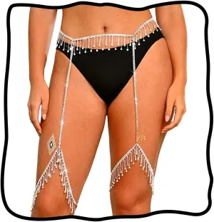 Nicute Silver Rhinestone Waist Chain Jewelry Sparkly Crystal Leg Chain Tassel Glitter Summer Beach Thigh Chain for Women