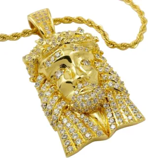 Niv's Bling 18K Gold Plated Mini Jesus Pendant Iced with Clear CZ Stone | Plus Free 30" Yellow Gold Rope Chain for Men and Women