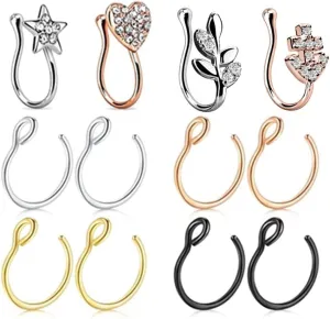 Nose Piercings Nose Ring Studs Nose Percinging Gun Stainless Steel Flower False Nose Ring Set, Crystal Non-Pierced Earrings, Cartilage Earrings, False Lip Piercing Set-K