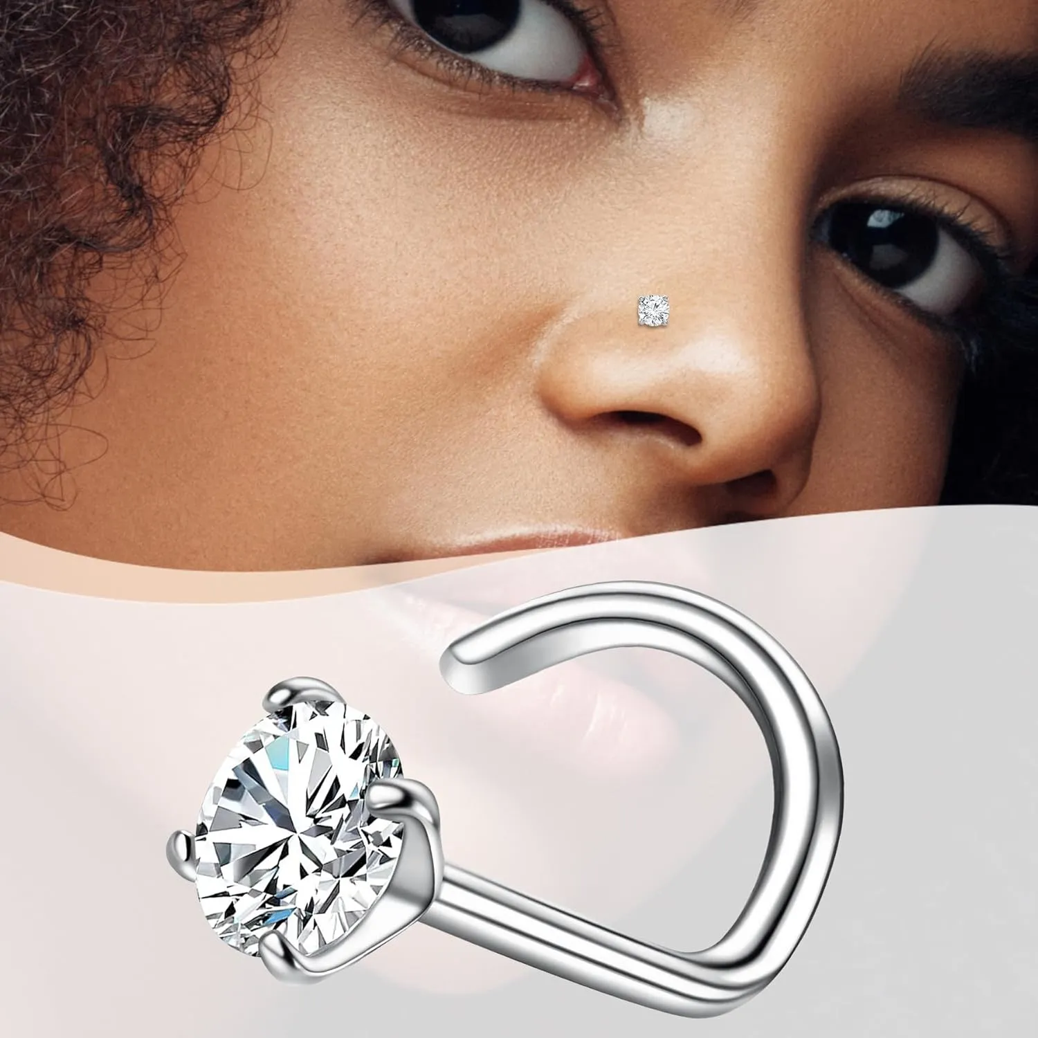 Nose Ring Studs, Moissanite Nose Screw Rings Studs for Women Men, Piercing Jewelry and 925 Sterling Silver with 18K White Gold Vermeil