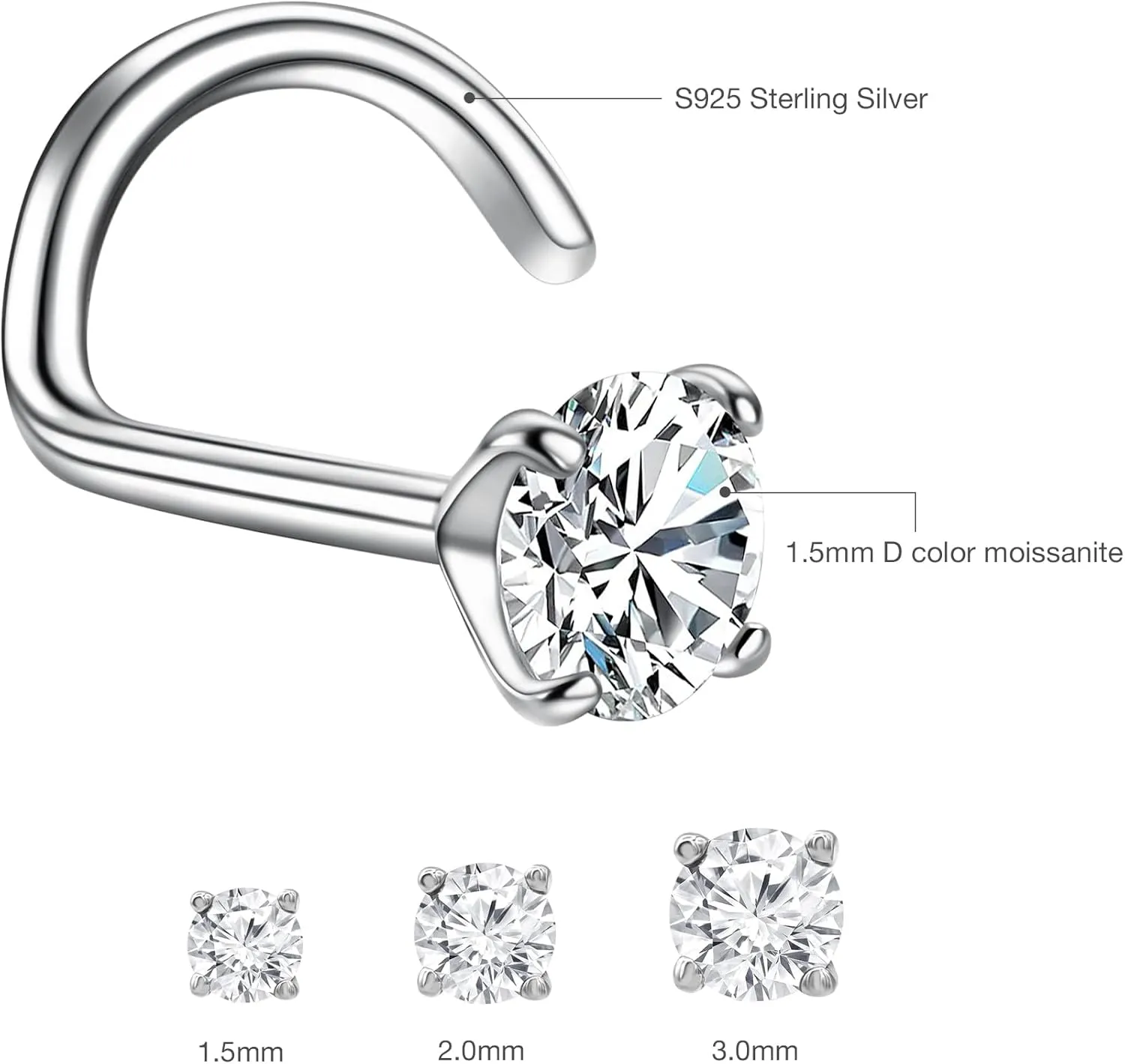 Nose Ring Studs, Moissanite Nose Screw Rings Studs for Women Men, Piercing Jewelry and 925 Sterling Silver with 18K White Gold Vermeil