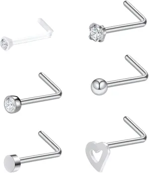 Nose Rings Studs Fake Nose Ring Stud Magnetic 6-Piece Nasal Septum Pierced Earrings Set Stainless Steel Nose Ring Nose Nails