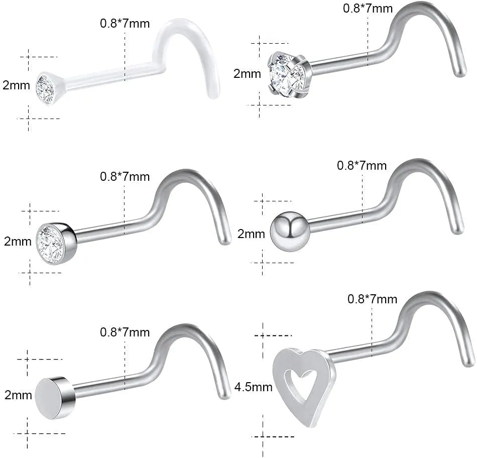 Nose Rings Studs Fake Nose Ring Stud Magnetic 6-Piece Nasal Septum Pierced Earrings Set Stainless Steel Nose Ring Nose Nails