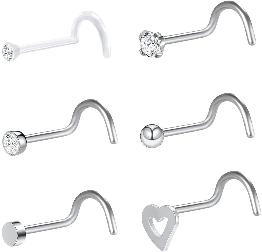 Nose Rings Studs Fake Nose Ring Stud Magnetic 6-Piece Nasal Septum Pierced Earrings Set Stainless Steel Nose Ring Nose Nails