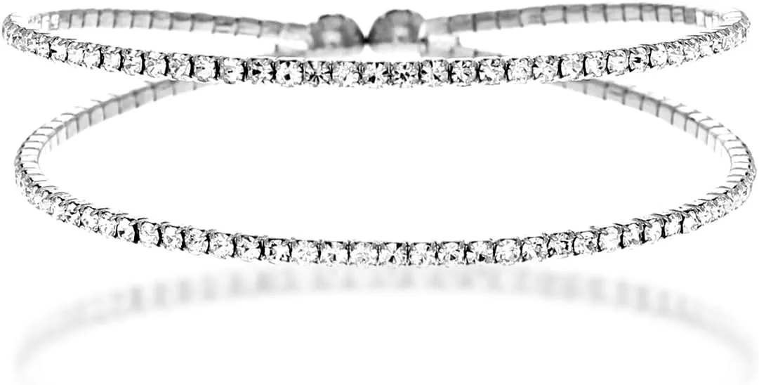 NTLX Crystal Bracelet for Women  Rhinestone Bangle Bracelet  Silver & Gold Plated - Flexible & Adjustable  Two Row - Bridal, Wedding, Prom, Party, Pageant, Evening, Casual, Bracelet - with Gift Box